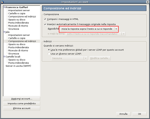 Mozilla Thunderbird - Iniziare la risposta a un messaggio dall'alto