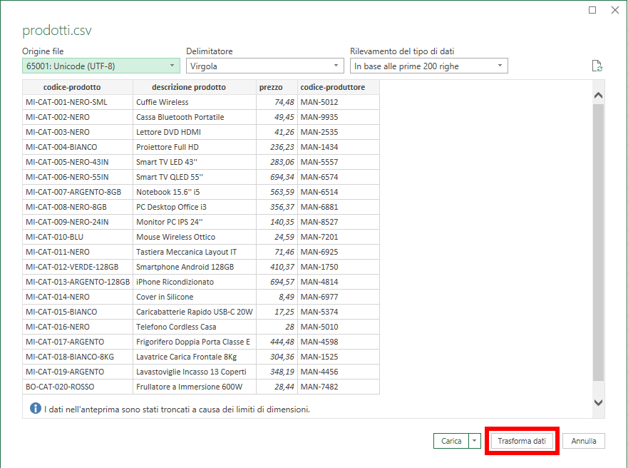 Microsoft Excel - Power Query - Converti codici prodotto