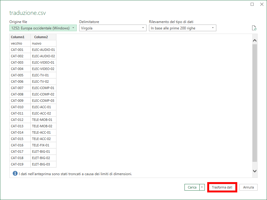 Microsoft Excel - Power Query - Converti codici prodotto