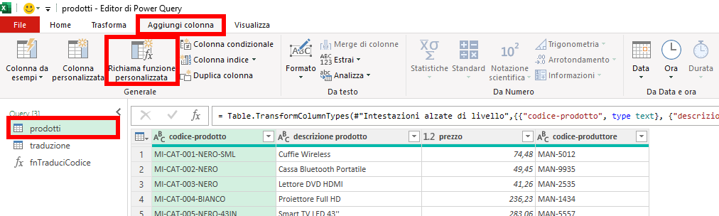 Microsoft Excel - Power Query - Converti codici prodotto