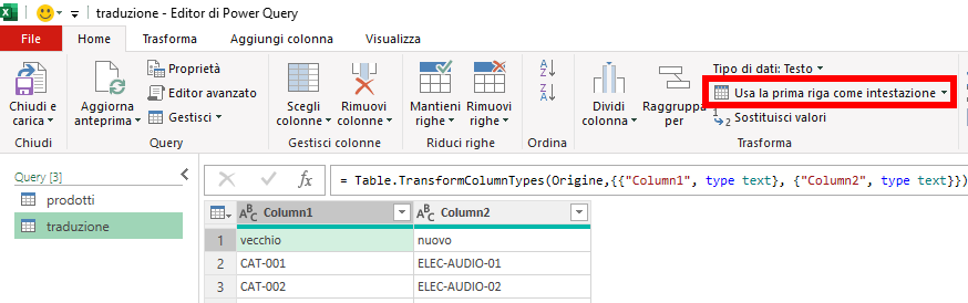 Microsoft Excel - Power Query - Converti codici prodotto