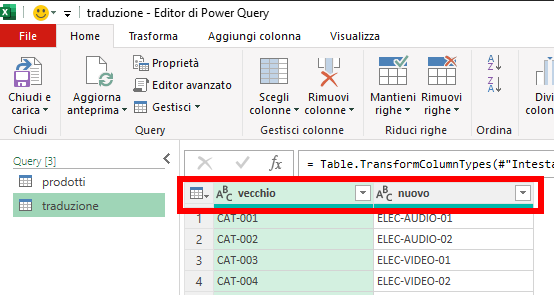 Microsoft Excel - Power Query - Converti codici prodotto