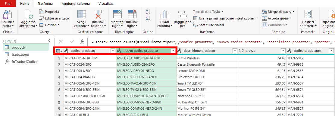 Microsoft Excel - Power Query - Converti codici prodotto