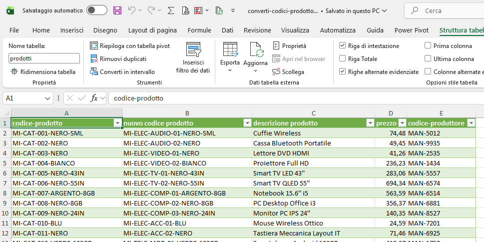 Microsoft Excel - Power Query - Converti codici prodotto
