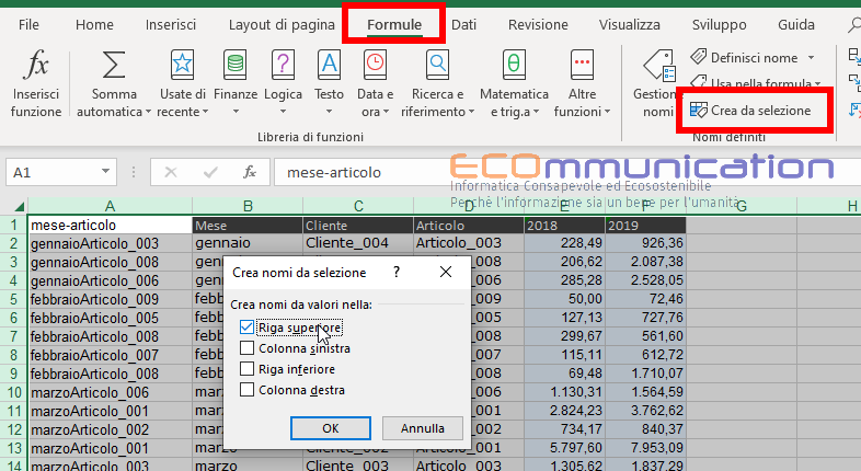 Creazione delle etichette dalla selezione