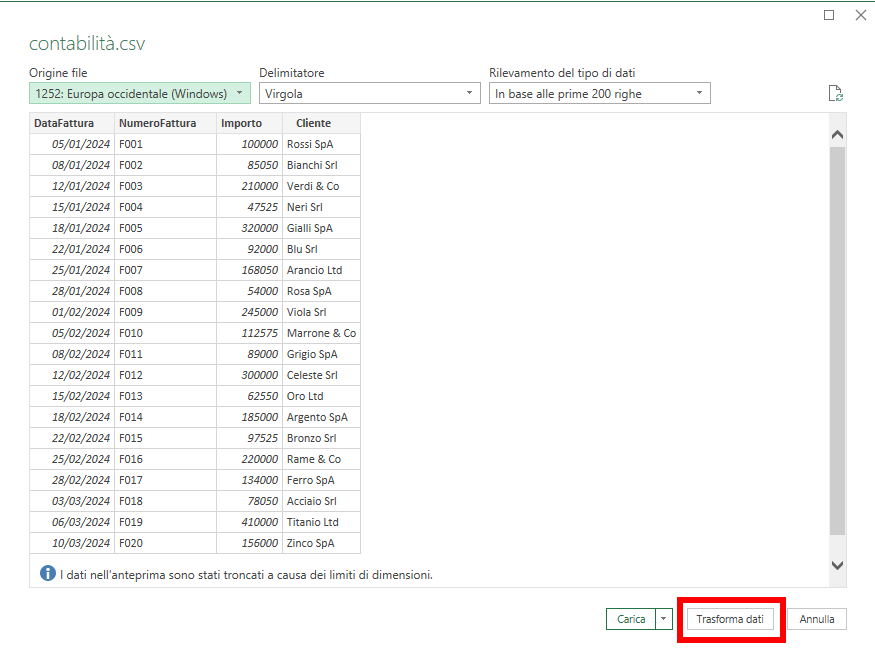 Importazione file CSV