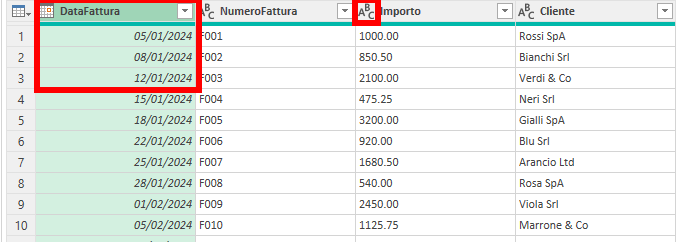 Formattazione della colonna importo