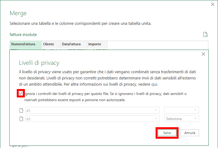 Merge di query - ignora i livelli di privacy