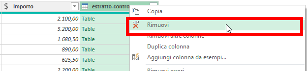 rimuovi colonna
