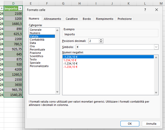 Impostiamo la colonna Importo di tipo Valuta