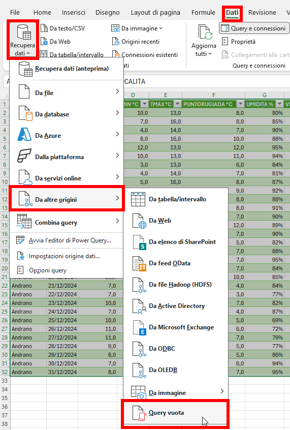 Creazione di una Query vuota