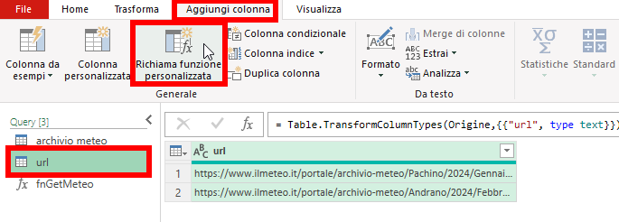Aggiungi colonna > Richiama funzione personalizzata