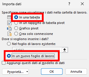 Importa i dati in una tabella