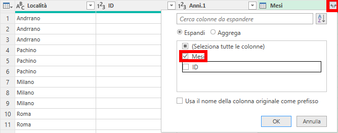 Espandere la colonna