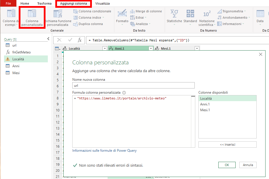 Creazione della colonna url
