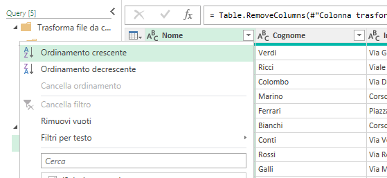 Microsoft Excel - Power Query - Pivot di colonne - Ordinamento colonne