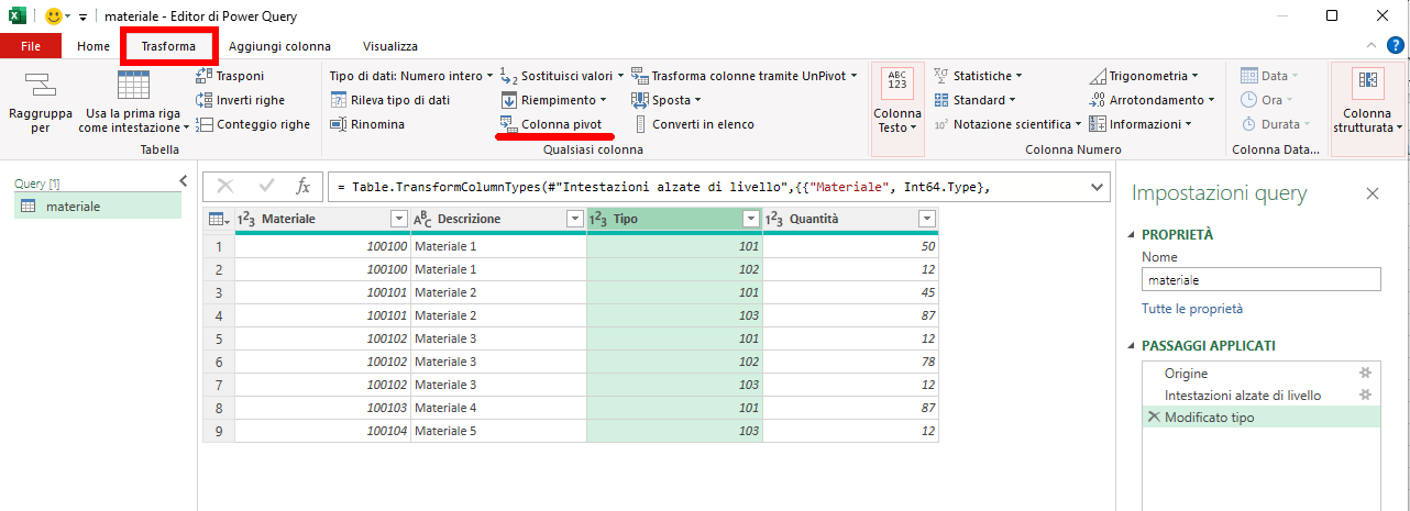 Microsoft Excel - Power Query - Trasporre le colonne di una una tabella