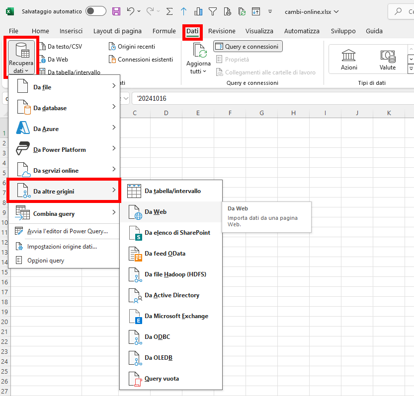 Microsoft Excel - Power Query - Accesso sito web cambio valute