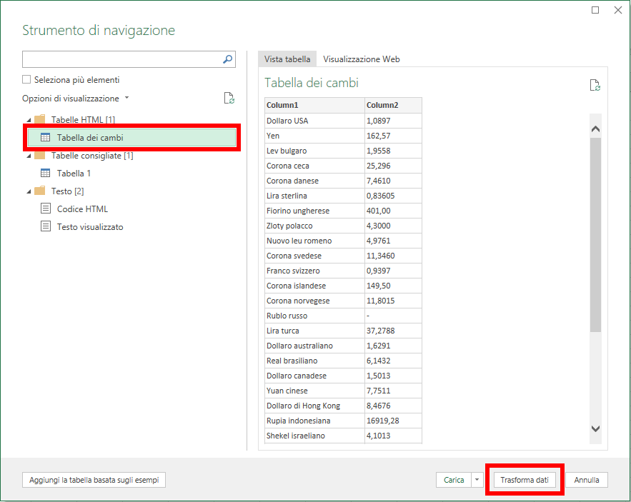 Microsoft Excel - Power Query - Accesso sito web cambio valute