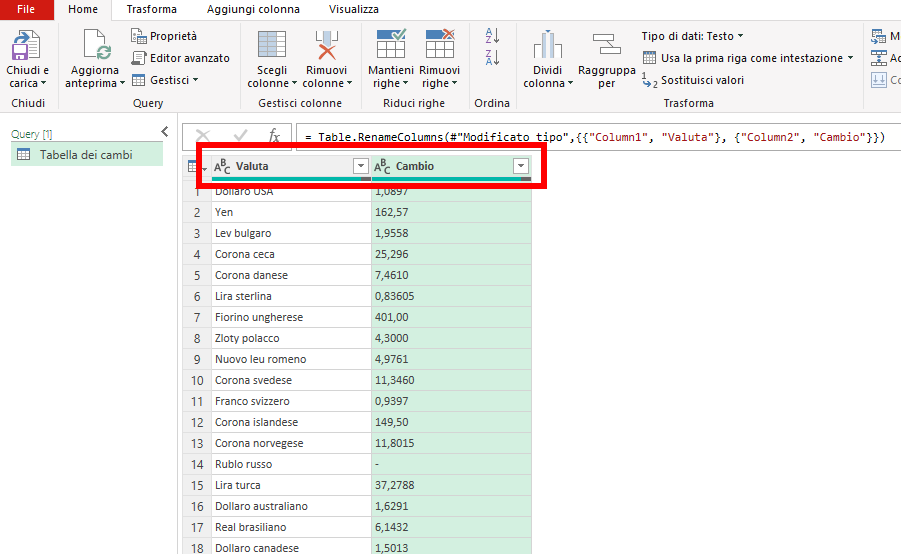 Microsoft Excel - Power Query - Accesso sito web cambio valute