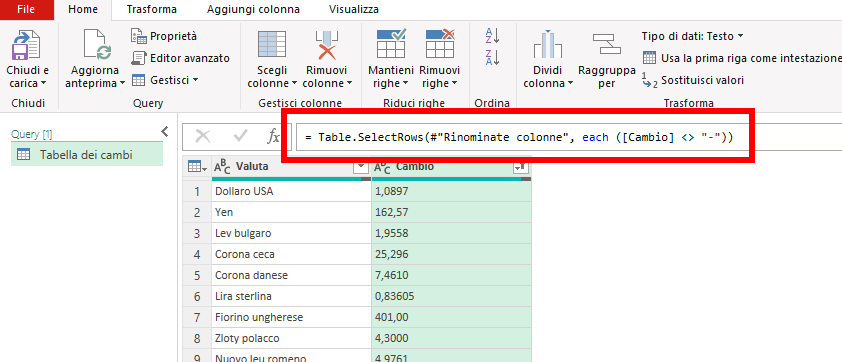 Microsoft Excel - Power Query - Accesso sito web cambio valute