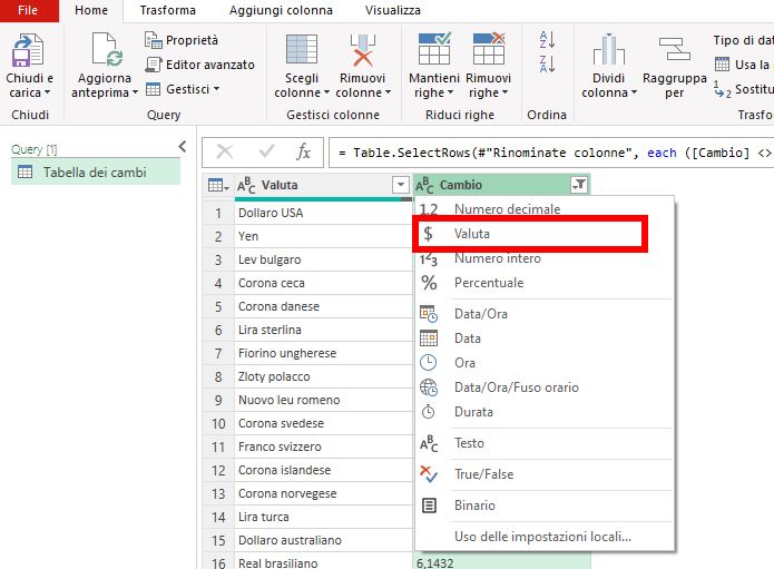 Microsoft Excel - Power Query - Accesso sito web cambio valute