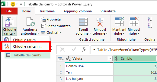 Microsoft Excel - Power Query - Accesso sito web cambio valute