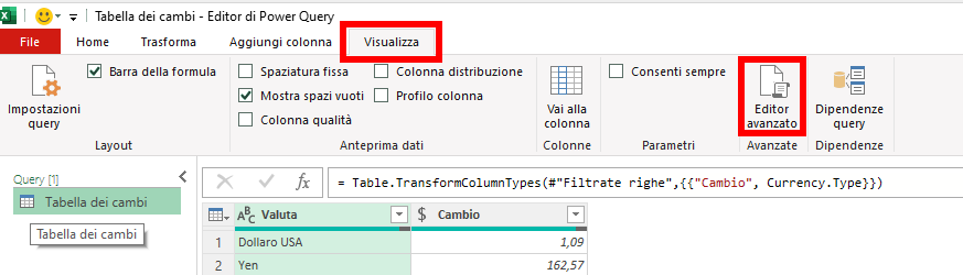 Microsoft Excel - Power Query - Accesso sito web cambio valute
