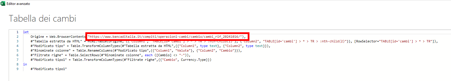 Microsoft Excel - Power Query - Accesso sito web cambio valute