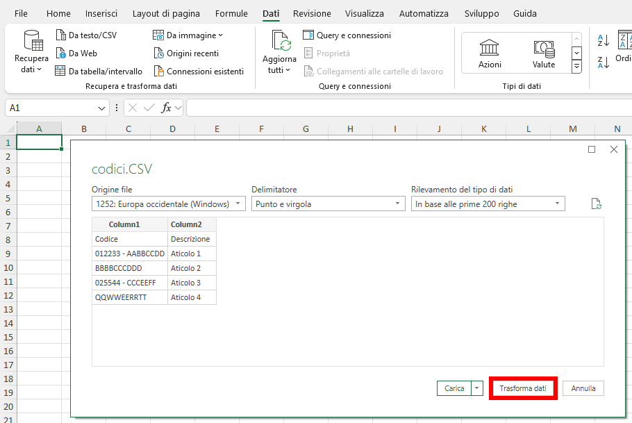 Power Query - Importa dati da CSV