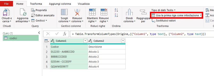 Power Query - Usa la prima riga come intestazione