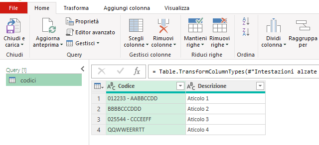 Power Query - Usa la prima riga come intestazione
