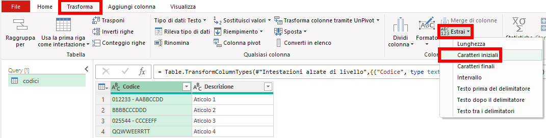 Power Query - Estrai caratteri iniziali
