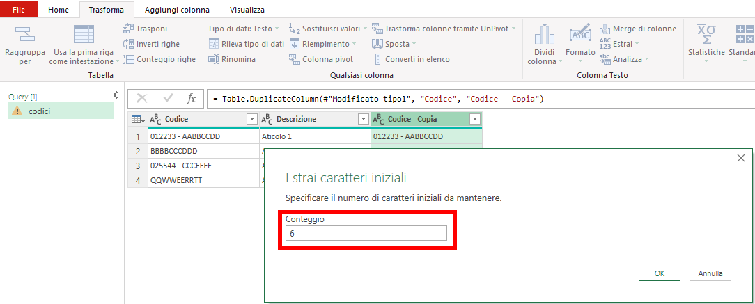 Power Query - estrai i primi 6 caratteri