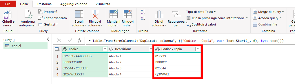 Power Query - colonna con i primi 6 caratteri