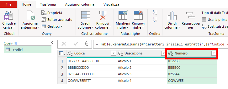 Power Query - rinomina colonna