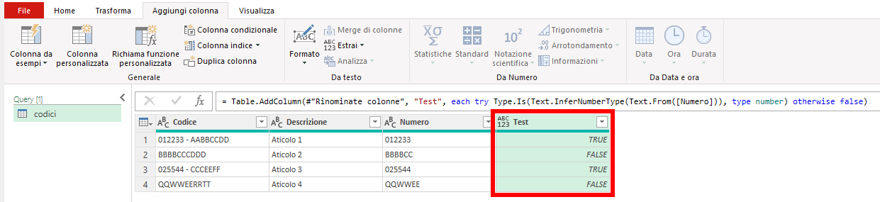 Power Query - Colonna di test