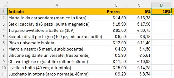 Microsoft Excel - Creare una tabella con gli sconti