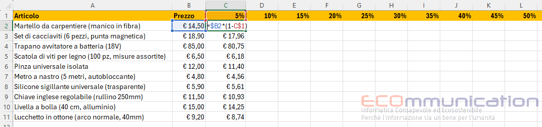 Microsoft Excel - Creare una tabella con gli sconti