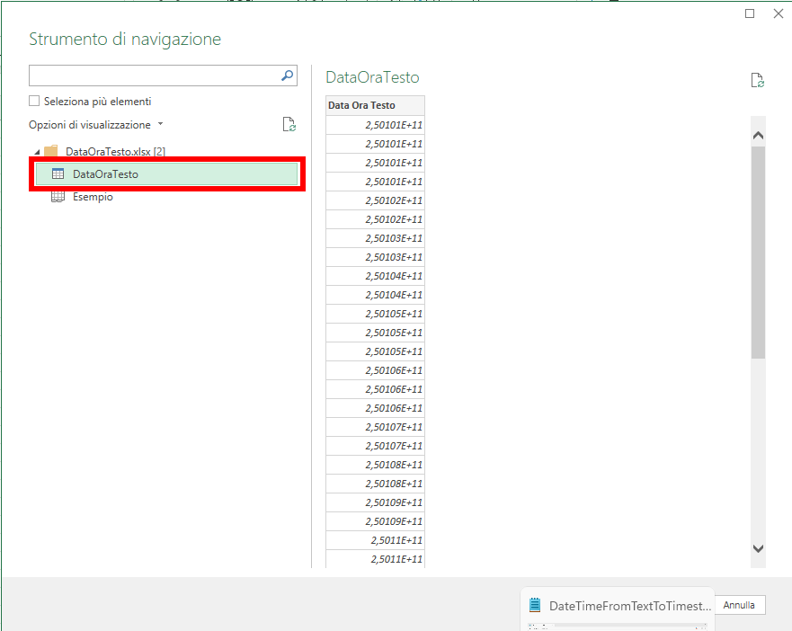 Microsoft Excel - Power Query - Data ora da testo in formato timestamp - importazione file Excel