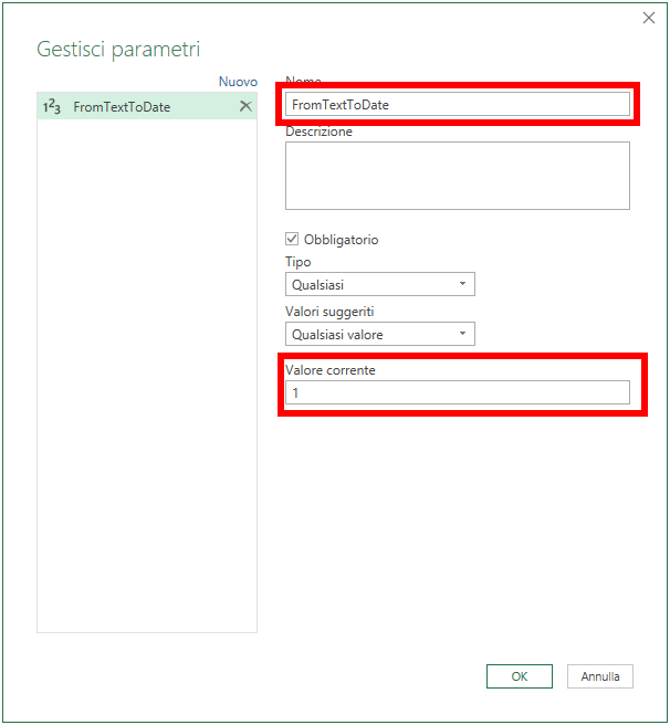 Microsoft Excel - Power Query - Data ora da testo in formato timestamp - creazione del parametro