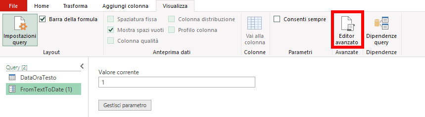 Microsoft Excel - Power Query - Data ora da testo in formato timestamp - Editor avanzato del parametro