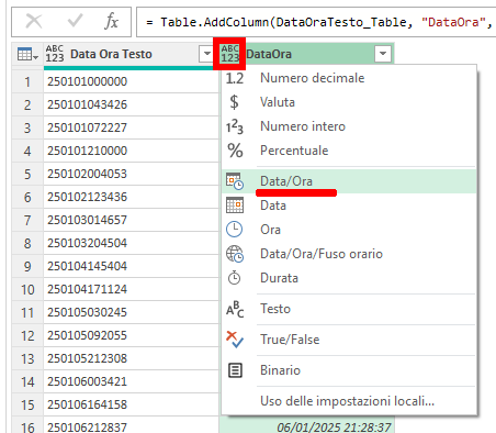 Microsoft Excel - Power Query - tipizzazione della colonna