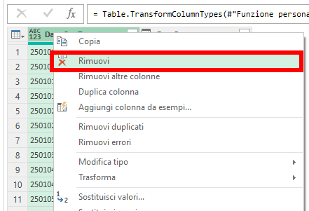 Microsoft Excel - Power Query - Eliminazione della colonna